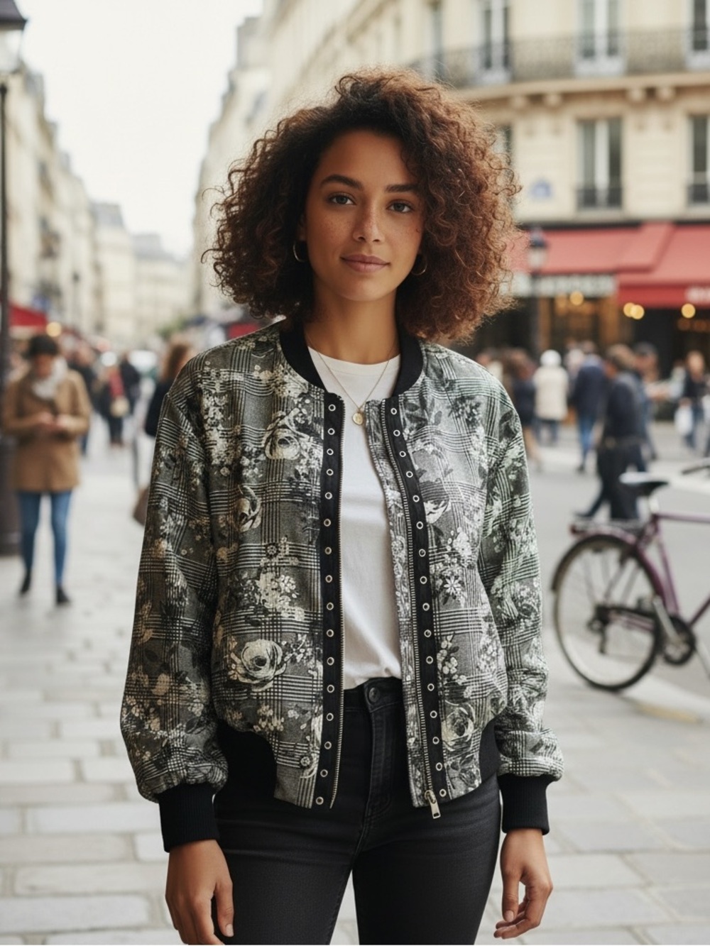 RACHEL RACHEL ROY L Black White Plaid Check Floral Moto Bomber Jacket NWT R $139